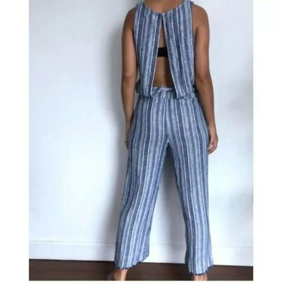 Anthropologie Cloth & Stone Striped Linen Coastal Flowing Op[en Back Jumpsuit - Picture 3 of 14